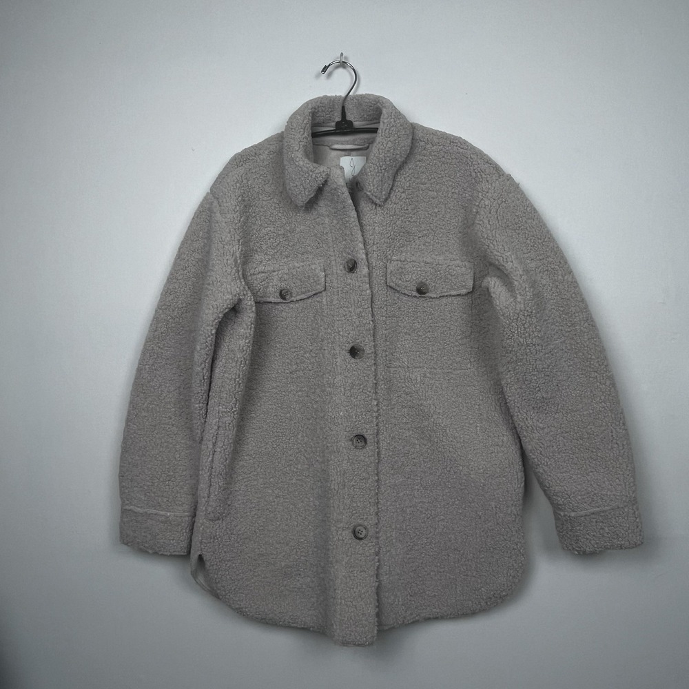 Joie Sherpa Shacket Gray Faux Fur Button Front Fleece Jacket XS Oversized Chunky
